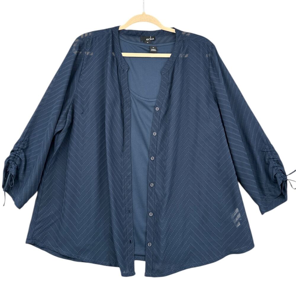 Erika Blue Sheer Patterned Drawstring 3/4 Sleeve‎ Layered Blouse Extra Large
